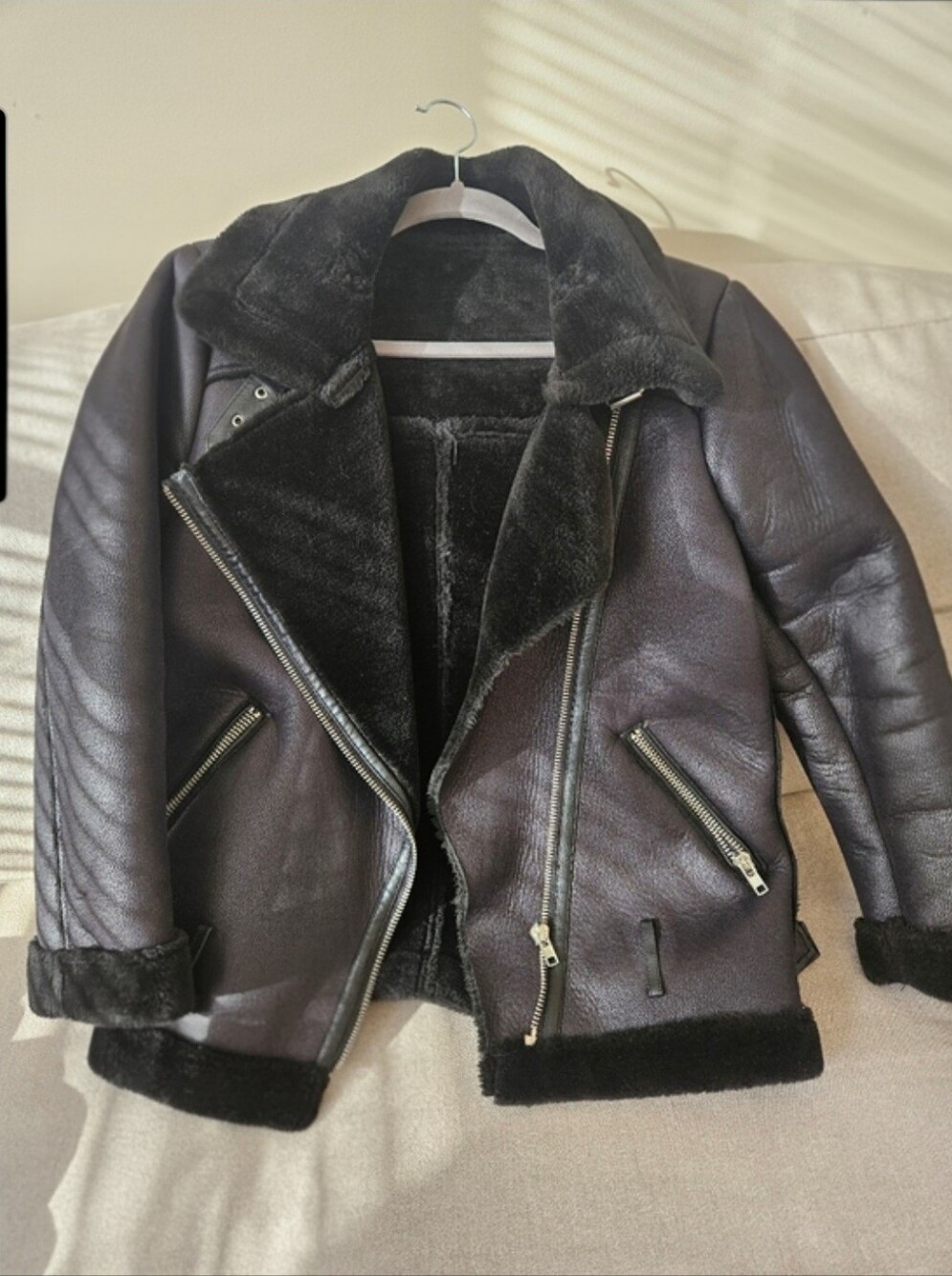 Black Faux Shearling Aviator Jacket - Women